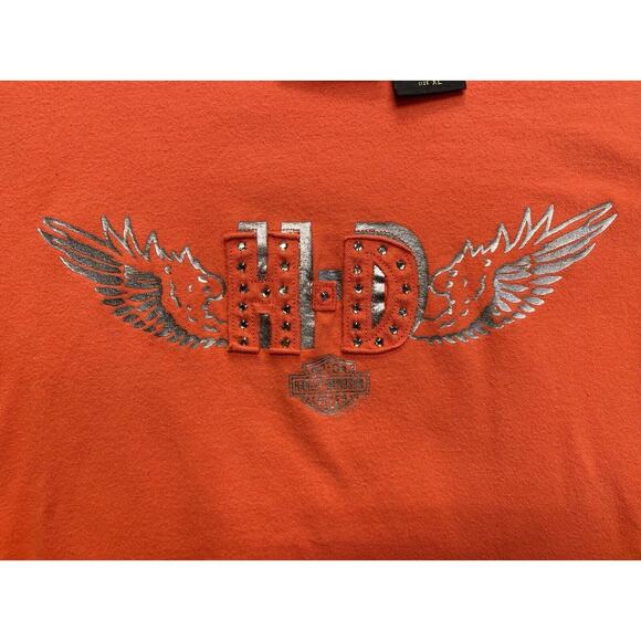 Women’s Y2K 2003 Harley Davidson Motorcycles Tattoo Orange Dazzle T-Shirt XL - Picture 3 of 5